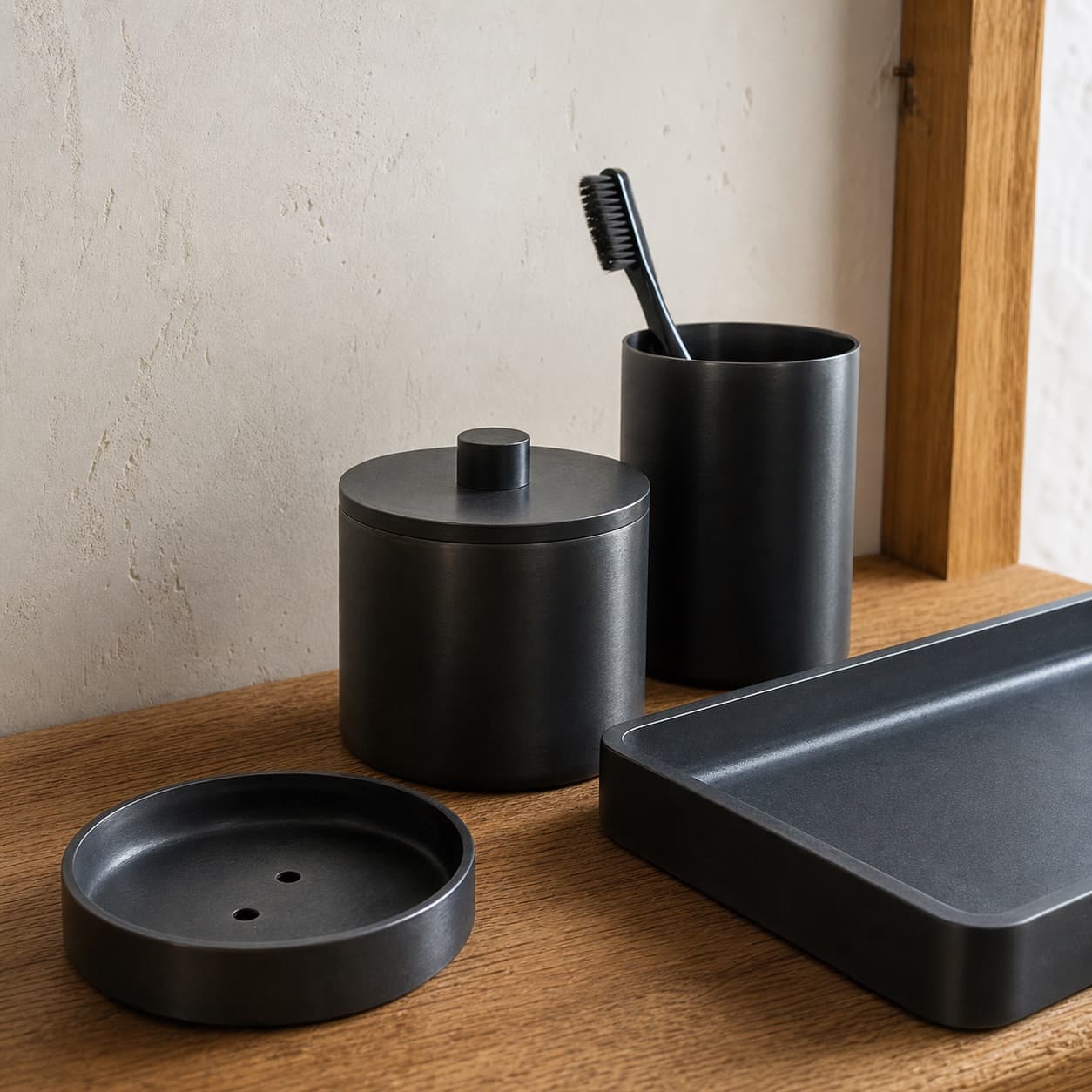 Close detail of sealed blackened-steel surface and softened edge