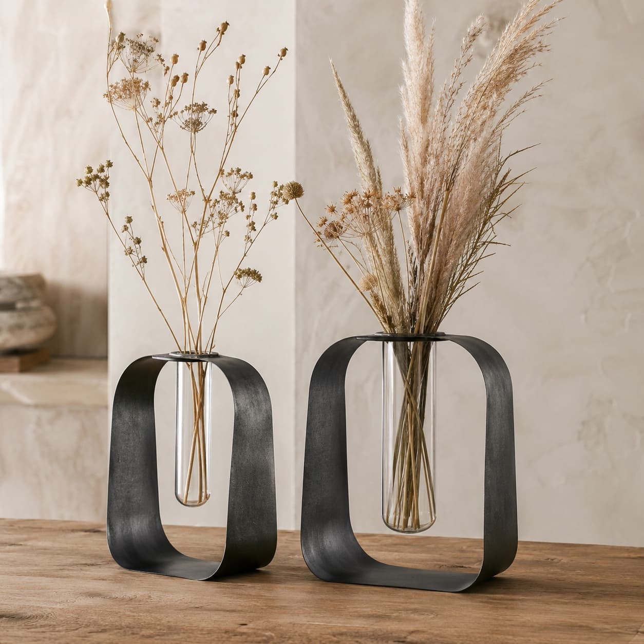 Minimal Metal Vase Set in blackened steel